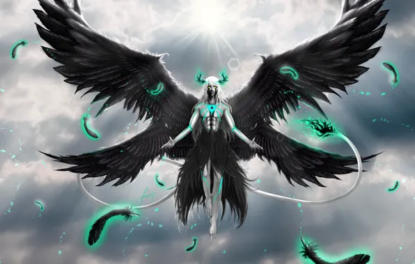 Солнце, Перья, Тучи, Крылья, Аниме, Anime, Хвост, Ulquiorra Cifer