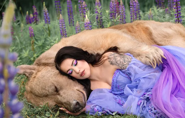 Девушка, цветы, природа, поза, стиль, макияж, медведь, костюм