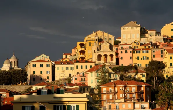 Картинка небо, солнце, деревья, тучи, дома, Italy, Liguria, Imperia Porto Maurizio