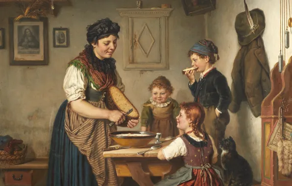 Картинка 1883, German painter, немецкий живописец, oil on canvas, Карл Хец, At the kitchen table, За …