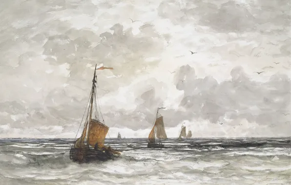 Картинка море, лодка, рисунок, корабль, акварель, парус, Рыбацкие Лодки в Море, Хендрик Виллем Месдах