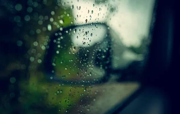 Машина, капли, макро, дождь, зеркало, капли дождя