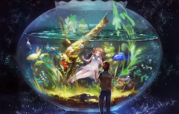 Рыбки, водоросли, пузырьки, аквариум, двое, звездное небо, Nagi no Asukara, Hikari Sakishima