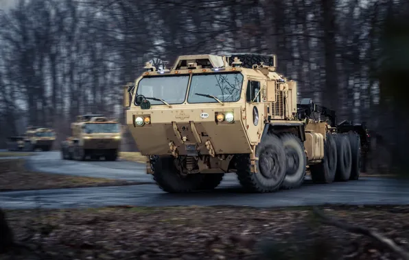 Картинка Дорога, Деревья, USA, США, Oshkosh, Беспилотные автомобили, Oshkosh PLS, Unmanned vehicles