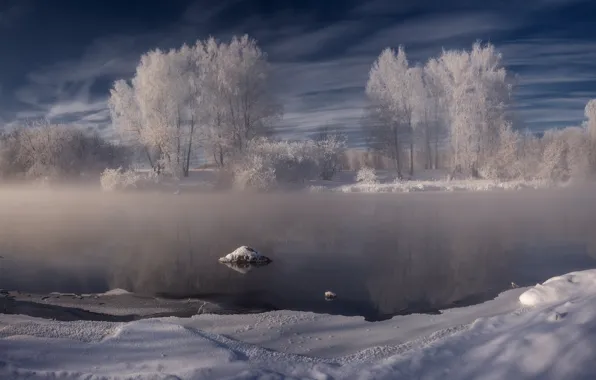 Картинка зима, снег, деревья, пейзаж, природа, река, берега