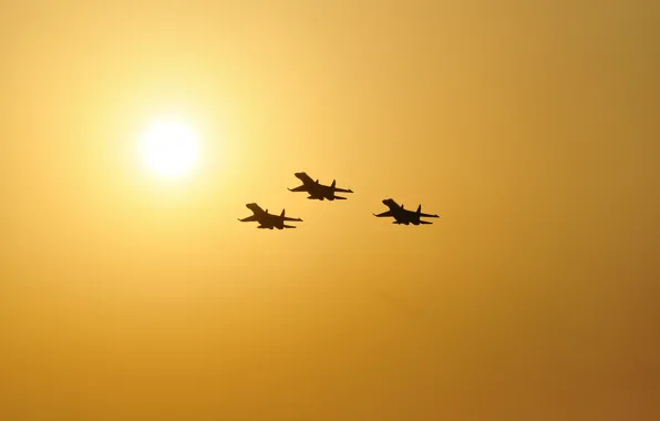 Картинка небо, солнце, самолет, истребитель, Flanker, Су-27, звено