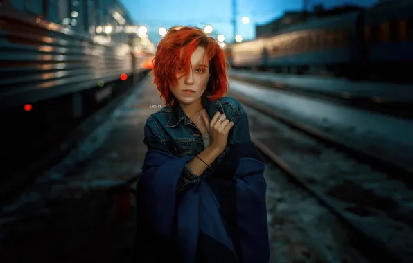 Картинка взгляд, волосы, Девушка, вагоны, рыжая, состав, Alexander Drobkov-Light, Мария Ларина