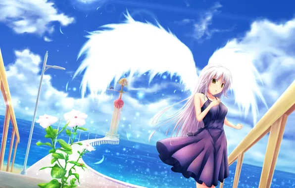 Картинка море, цветок, девушка, башня, крылья, Tachibana Kanade, Angel Beats, арт. husky