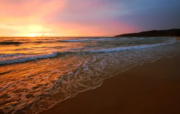 Картинка sunset, rocks, sand, Ocean