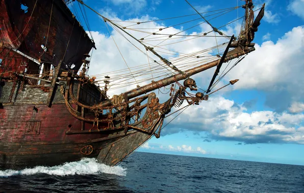 Море, небо, облака, корабль, паруса, пираты карибского моря