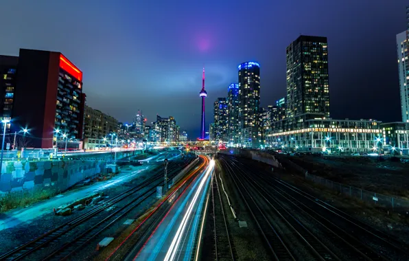 Ночь, Канада, железная дорога, Canada, Toronto, Roads, выдежка