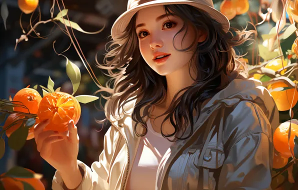 Лето, листья, девушка, свет, цветы, природа, шляпа, брюнетка