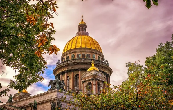 Осень, деревья, храм, Санкт Петербург, Исаакиевский Собор