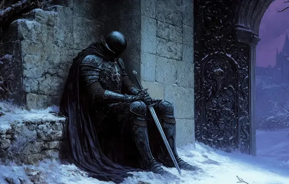 Dark, sword, fantasy, armor, snow, castle, digital art, artwork