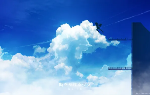 Небо, девушка, облака, прыгает, Toki wo Kakeru Shoujo, by JW, Makoto Konno