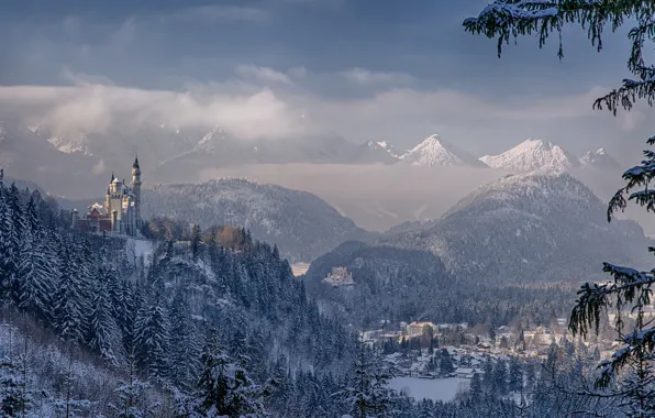 Картинка зима, горы, Германия, Бавария, панорама, Germany, Bavaria, Neuschwanstein Castle