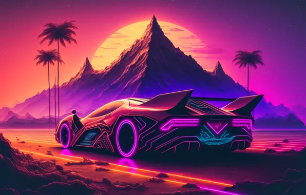 Картинка palm trees, retrowave, digital art, retro car, mountain top, sunset, trees, mountains