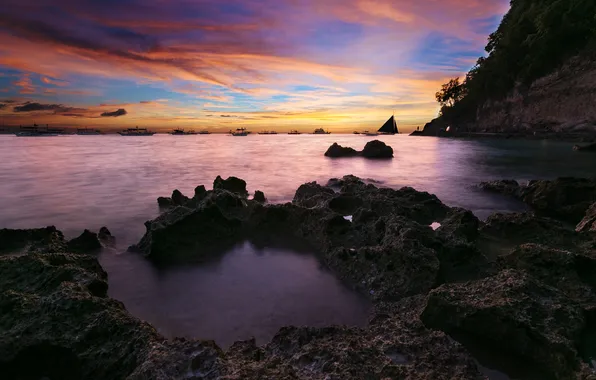 Закат, океан, скалы, берег, лодки, Philippines, Boracay