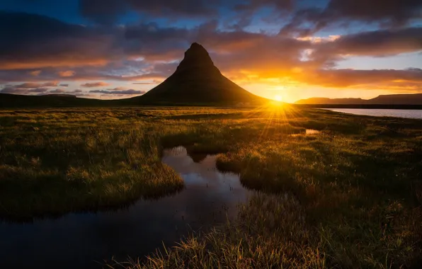Картинка солнце, свет, гора, вечер, Исландия