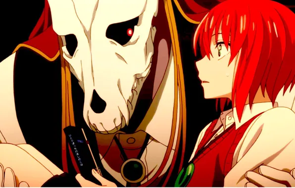 Skull, red, girl, love, red hair, anime, redhead, witch