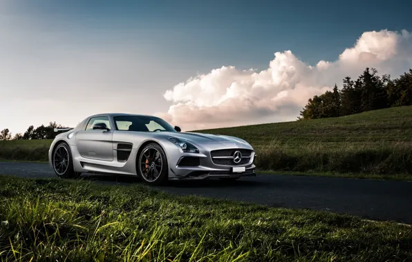 Mercedes-Benz, Sky, Grass, Front, AMG, Black, SLS, Series