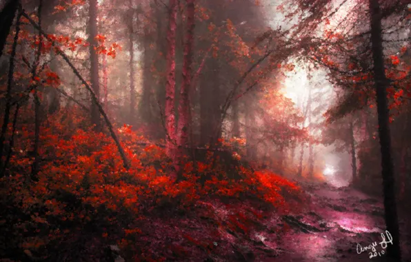 Картинка дорога, осень, лес, листва, нарисованный пейзаж