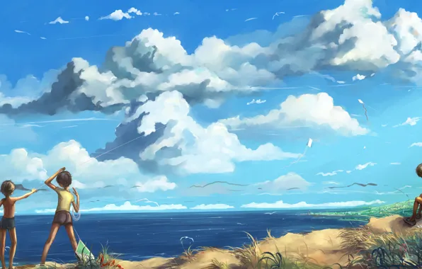 Картинка море, облака, пейзаж, дети, озеро, воздушный змей