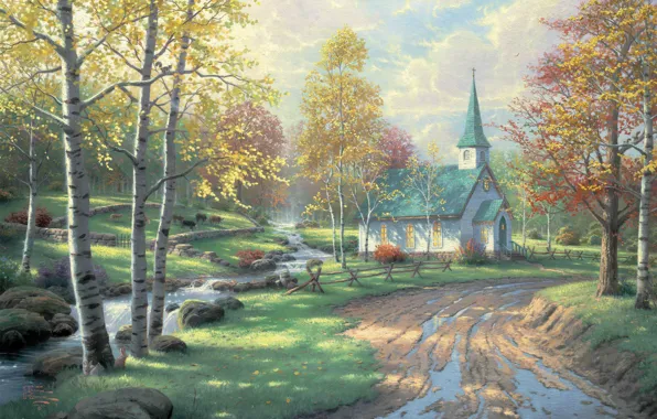 Brook, autumn, Thomas Kinkade, church, The Aspen Chapel