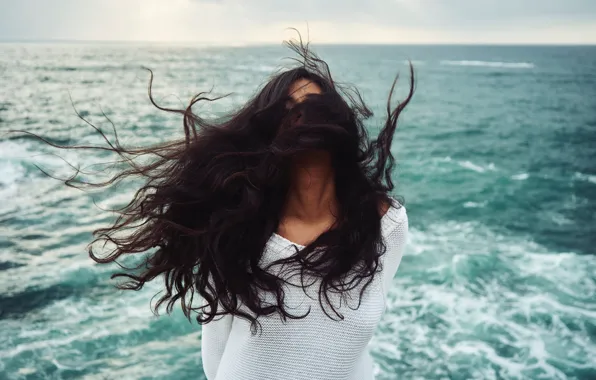 Море, девушка, ветер, волосы