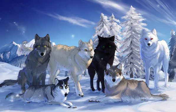 Картинка зима, небо, снег, деревья, горы, природа, рисунки, волки