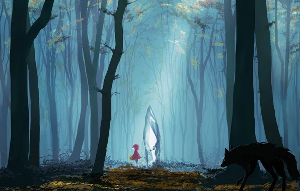 Картинка лес, деревья, природа, красная шапочка, аниме, арт, капюшон, девочка