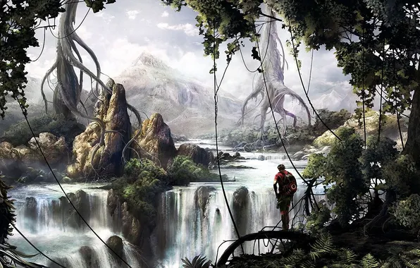 Картинка деревья, корни, река, скалы, человек, водопад, джунгли, арт