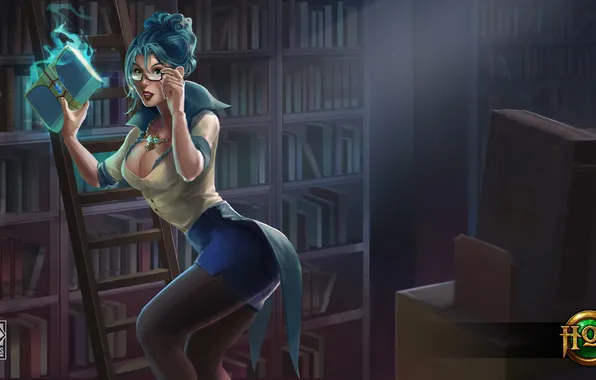 Грудь, девушка, очки, книга, библиотека, sexy, Heroes of Newerth, Vindicator