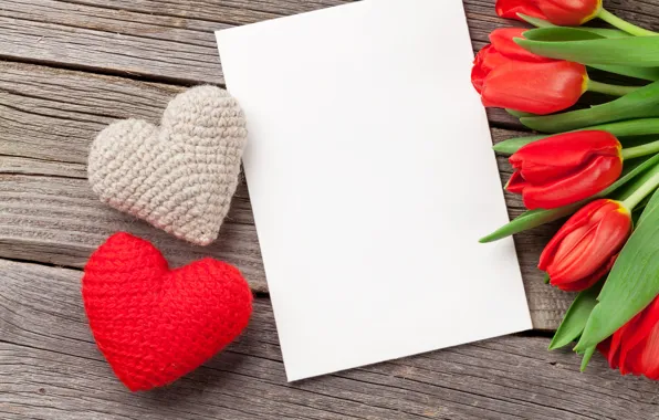 Картинка любовь, цветы, букет, сердечки, тюльпаны, red, love, wood