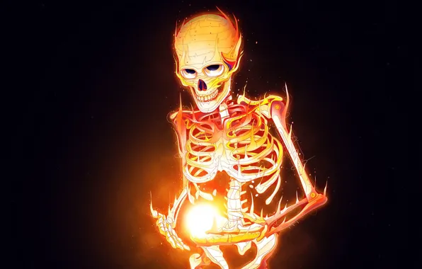 Картинка огонь, пламя, череп, минимализм, скелет