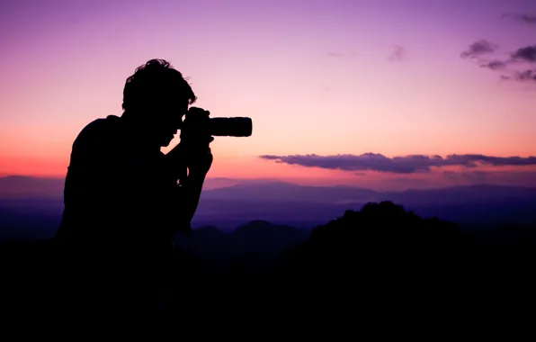 Photo, sunset, silhouette, taking photographs