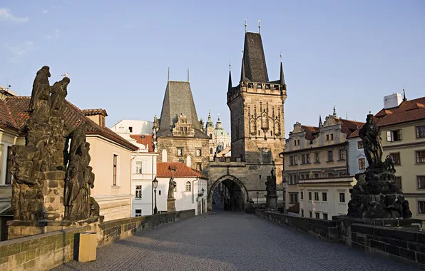 Башня, дома, утро, Прага, Чехия, Карлов мост