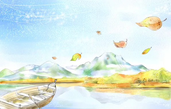 Картинка листья, горы, лодка, рисунок