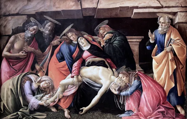 Картинка картина, Мюнхен, Сандро Боттичелли, великий итальянский живописец, Sandro Botticelli, темпера, Оплакивание Христа, Старая пинакотека
