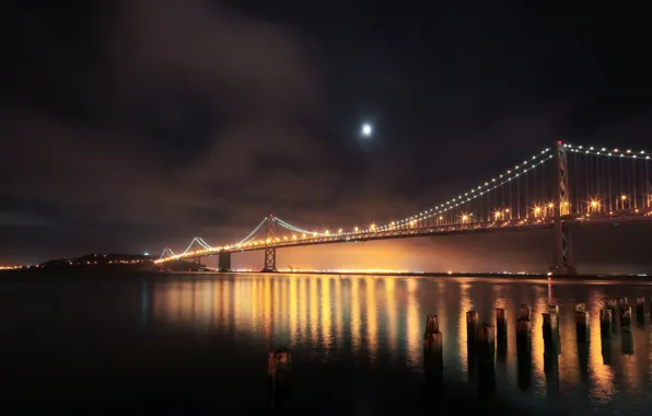 Ночь, мост, огни, река, San Francisco, сваи, USА, South Beach