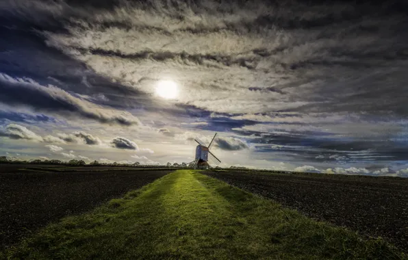 Картинка поле, небо, Англия, Соединенное Королевство, облака. солнце, ветряная мельница, Stevington
