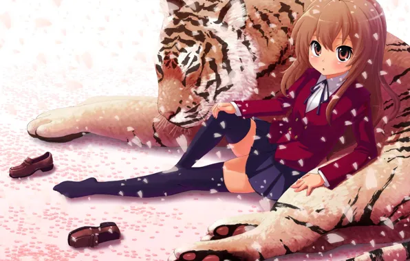 Взгляд, девушка, тигр, аниме, арт, Toradora!