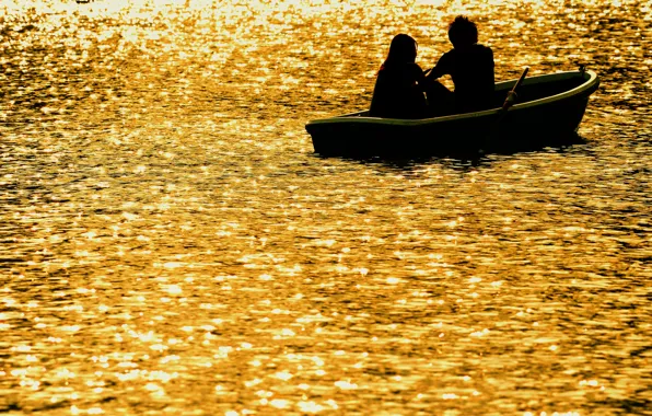 Картинка закат, река, романтика, лодка, вечер, двое