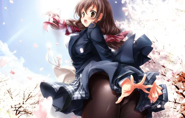 Девушка, ветер, лепестки, сакура, арт, форма, школьница, mikage shizuku