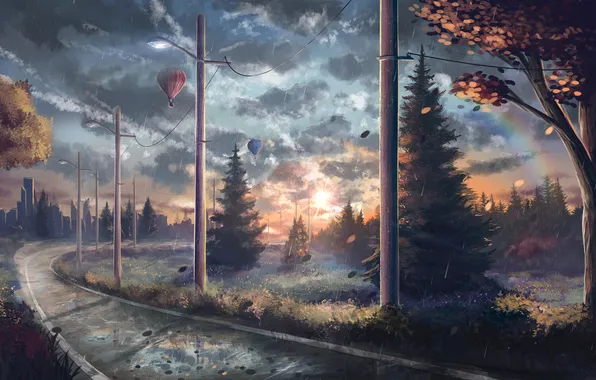 Картинка воздушные шары, дождь, столбы, рельсы, арт, фонари, нарисованный пейзаж