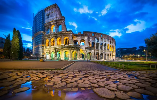 Italy, Colosseum, Rome, Blue Hour, Reflection