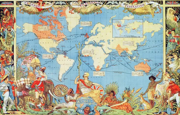 Картинка карта мира, раритет, 1886