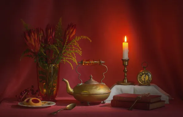 Картинка красный, часы, книги, свеча, букет, чайник, пирожное, натюрморт