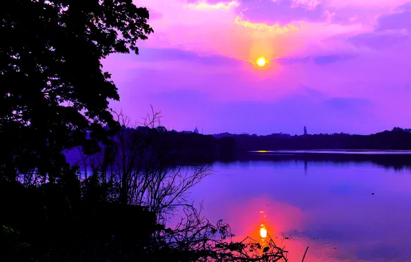 Sun, Water, Sunrise, Dawn, Morning, Lake, Trees, Reflection