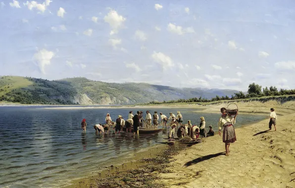 Пейзаж, река, люди, масло, картина, холст, Николай Сергеев, Тоня на Днепре
